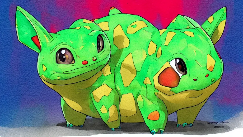 Prompt: bulbasaur, kseniia yeromenko, rob duenas, watercolor, illustration, red background, highly detailed