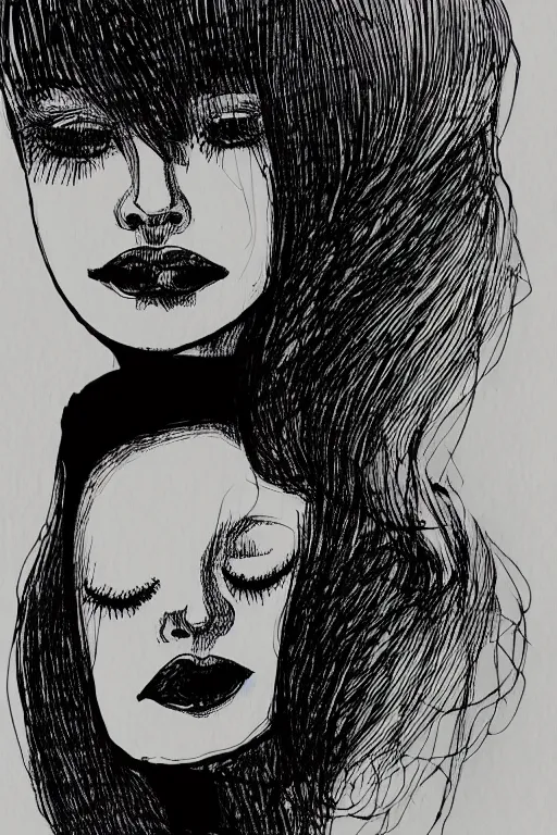 Image similar to ink lineart drawing of a beautiful woman, doll face, big lips, white background, etchings by goya, chinese brush pen, illustration, high contrast, deep black tones contour