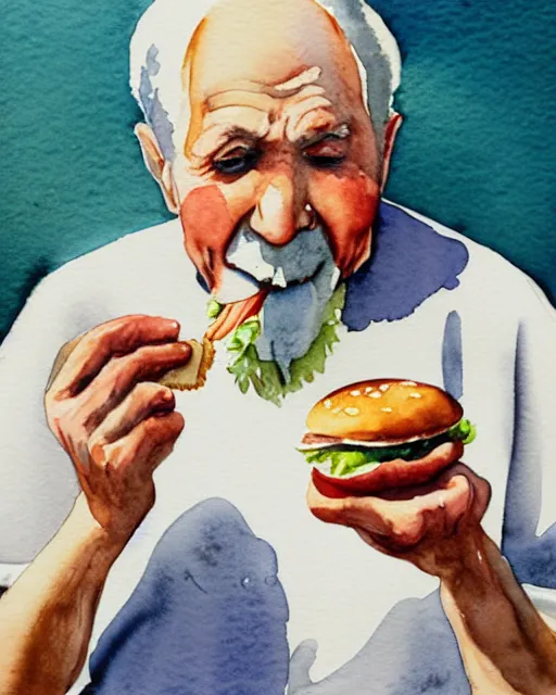 Prompt: watercolor picture of an old man eating hamburger, low key