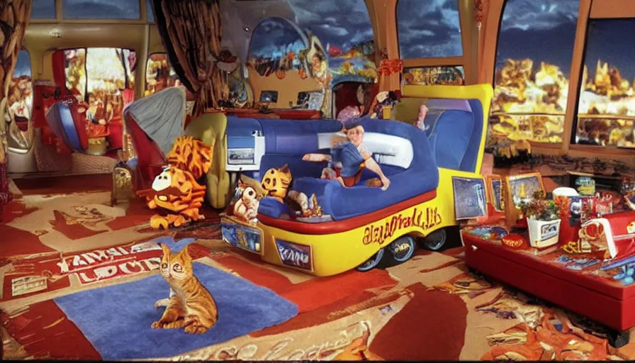 Image similar to 1990s photo of inside the Garfield's Wild Dream ride at Universal Studios in Orlando, Florida, riding a box with a blanket, with Garfield the cartoon cat, through a living room filled lasagna, coffee cups, and lava lamps, cinematic, UHD