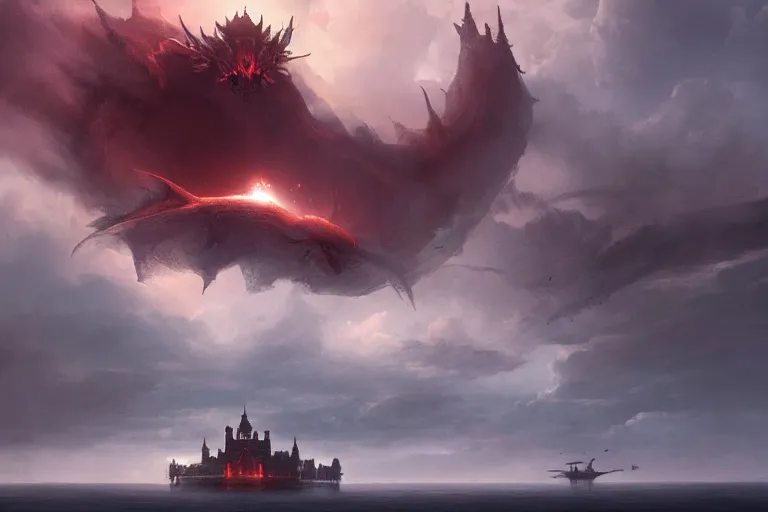 Image similar to a mysterious castle floating in the middle of a vast lake by a farm and a large fiery dragon enters the atmosphere through a gap in the clouds, cinematic lighting, ultra realistic by michal lisowski and tom bagshaw