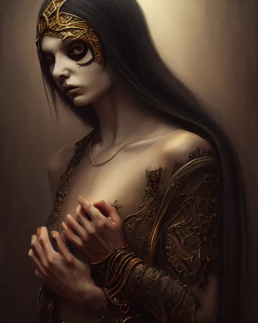 Prompt: painting of a dark ritual, enigmatic beauty, esoteric, muted colors, head in focus, fantasy art, ornamental aesthetics, intricate, elegant, highly detailed hyperrealistic painting, artstation, concept art, painterly, sharp focus, illustration, art by lois royoi