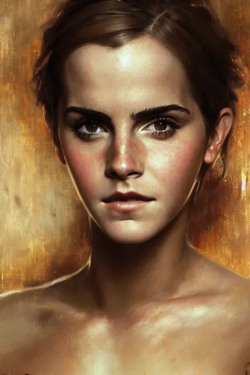 Image similar to detailed portrait of a beautiful emma watson as nier automata muscular, painting by gaston bussiere, craig mullins, j. c. leyendecker