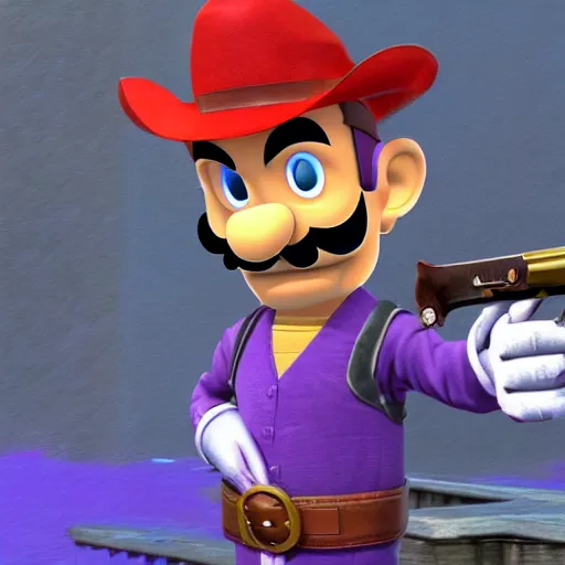 Prompt: waluigi from the mario series dressed as a cowboy holding a big iron revolver fighting outlaws in a town, cinematic still frame oil painting, high detailed painting, greatly illustrated, photo - realistic painting )