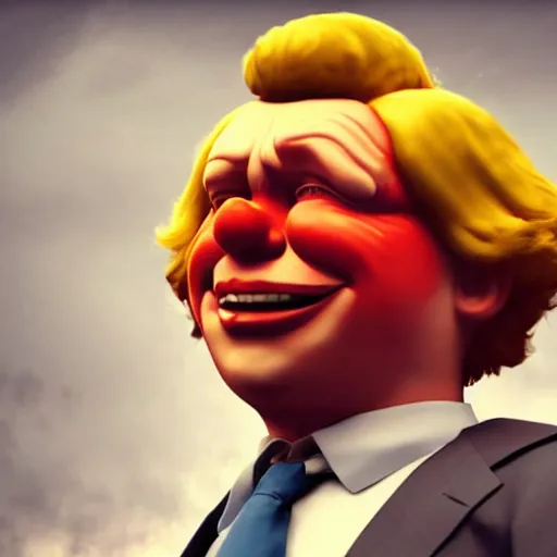 Image similar to Boris Johnson with evil Ronald McDonald body, realistic artstyle, wide shot, dramatic lighting, octane render, hyperrealistic, high quality, highly detailed, HD, beautiful, cinematic, 8k, unreal engine, facial accuracy, symmetrical