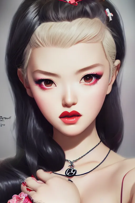 Image similar to a pin up and beautiful fashion dreamlke japan girl with lv jewelry, character art, art by artgerm and wlop and and ilya kuvshinov, hyperdetailed, 8 k realistic, symmetrical, frostbite 3 engine, cryengine, dof, trending on artstation, digital art, chanel, dior, fantasy background