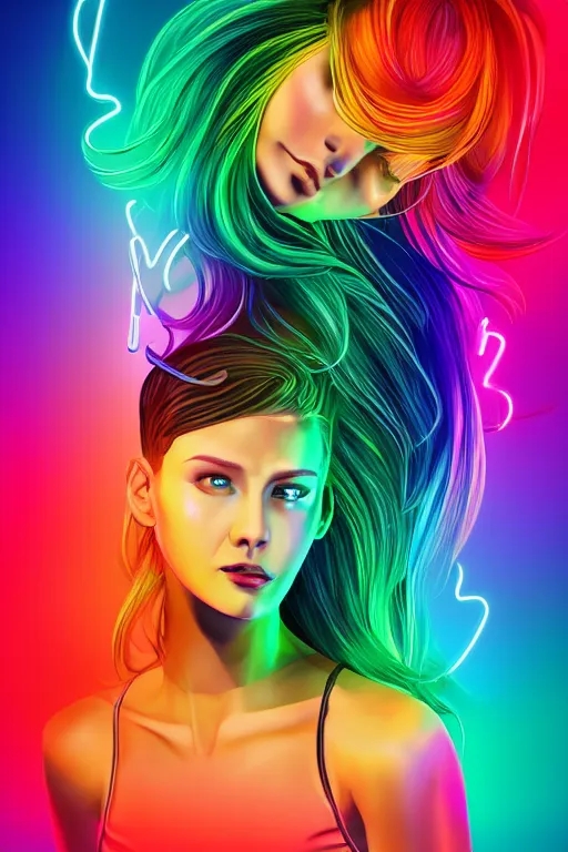 Prompt: a award winning half body portrait of a beautiful woman with stunning eyes in a croptop and cargo pants with rainbow colored ombre hairstyle head in motion and hair flying by thomas danthony, outlined by whirling illuminated neon lines, outrun, vaporware, shaded flat illustration, digital art, trending on artstation, highly detailed, fine detail, intricate