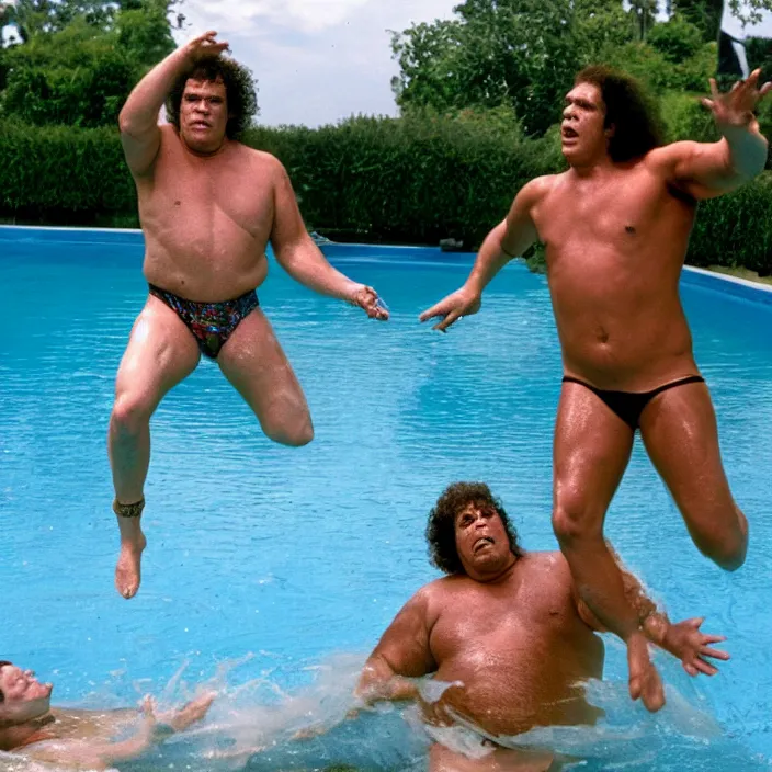 Image similar to cyborg andre the giant wearing a sequin speedo and jumping in the pool with a goat from the movie bill & ted's excellent pool party, movie still, 8 k, realistic