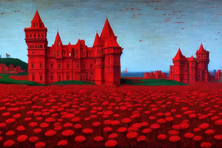 Image similar to only with red, red flowers of different types, red castle in background, red medieval big fat goblins, in the style of beksinski, parts by edward hopper, parts by rodcenko, parts by yue minjun, intricate and epic composition, red by caravaggio, insanely quality, highly detailed, masterpiece, red light, artstation, 4 k