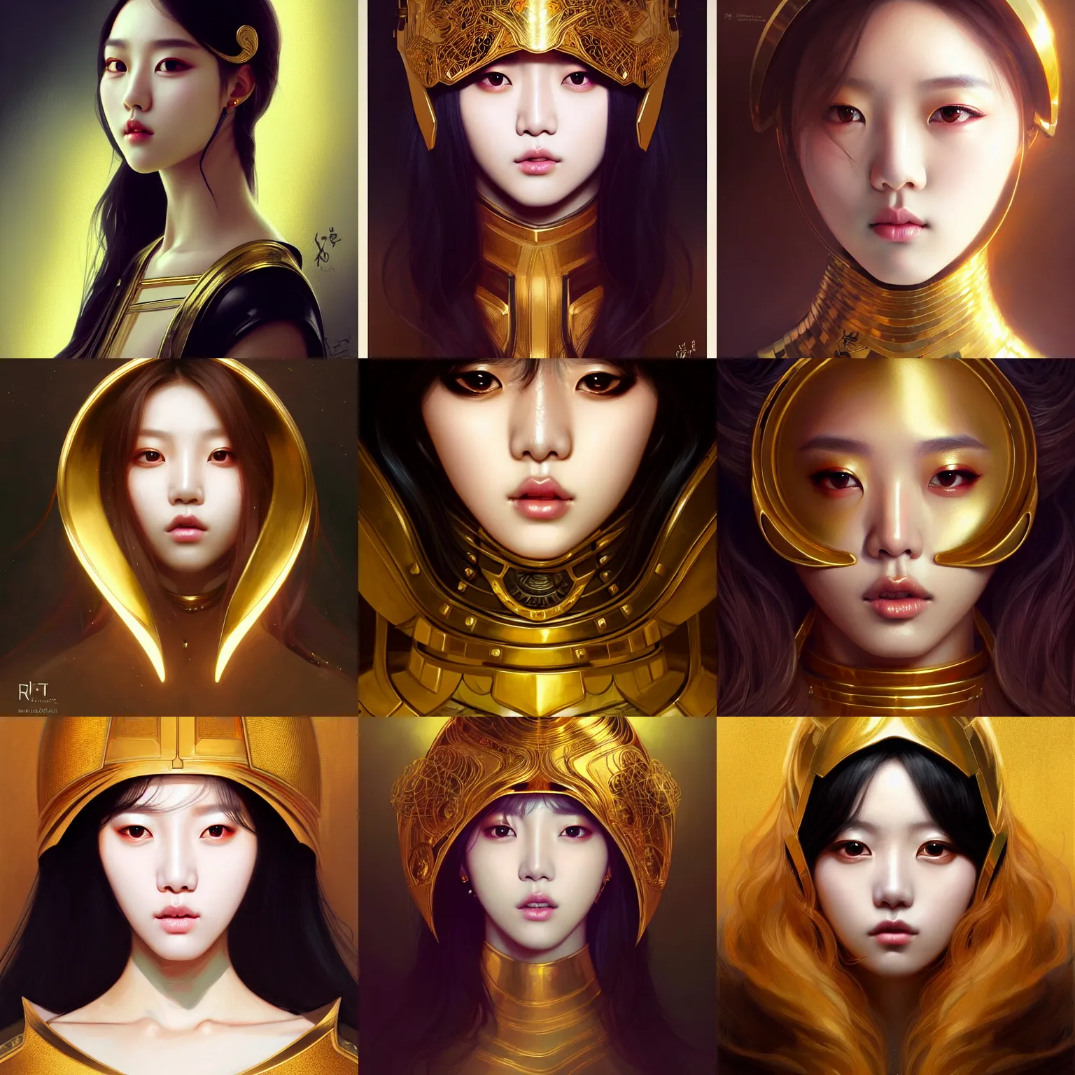 Prompt: Portrait of k-pop girl singer, gold eyes, hex-shape gold helmet, face, dark fantasy, intricate, elegant, highly detailed, digital painting, artstation, concept art, smooth, sharp focus, illustration, art by artgerm and greg rutkowski and alphonse mucha