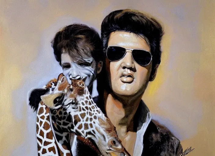 Image similar to a highly detailed beautiful portrait of elvis presley with a giraffe, by gregory manchess, james gurney, james jean