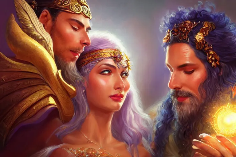 Image similar to close up moment of a divine a sun god and a moon goddess lovers magician at a wedding banquet, highly detailed, d & d, fantasy, highly detailed, digital painting, trending on artstation, concept art, sharp focus, illustration, art by artgerm and daniel gerhartz and magali villeneuve