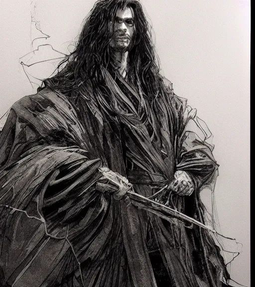 Image similar to portrait of a sinister anime man with long hair wearing a dark robe, pen and ink, intricate line drawings, by craig mullins, ruan jia, kentaro miura, greg rutkowski, loundraw