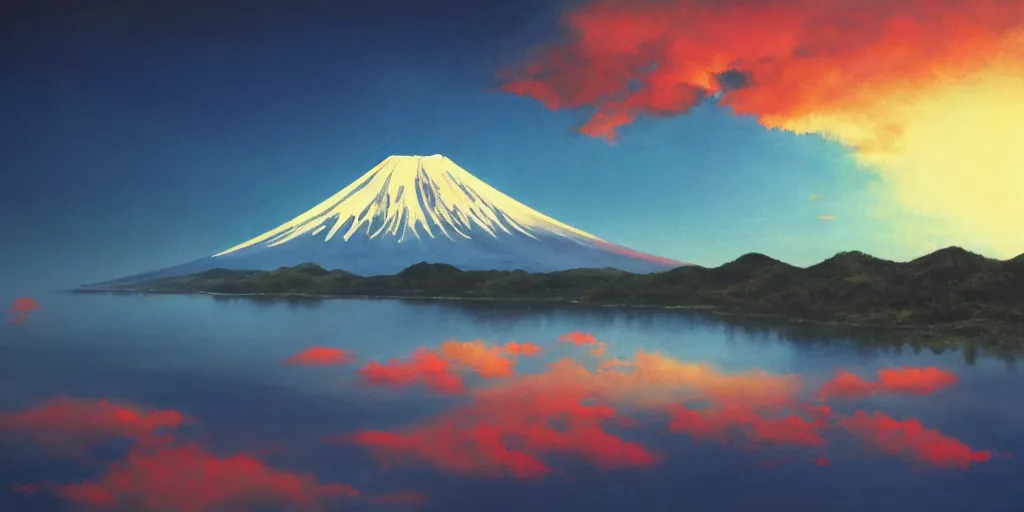 Prompt: Mount Fuji, cinematic angle, studio Ghibli, cinematic lighting, detailed oil painting, hyperrealistic, 8k