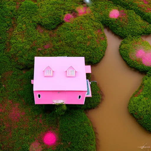 Image similar to dream a 5 0 mm lens photograph of a cute pink floating modern house, floating in the air between clouds, inspired by the movie up, held up from above by heart ballons. mist, playful composition canon, nikon, award winning, photo of the year