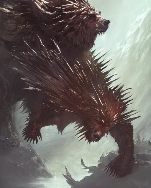 Image similar to Bear Spiky Armor, magic the gathering artwork, D&D, fantasy, cinematic lighting, centered, symmetrical, highly detailed, digital painting, artstation, concept art, smooth, sharp focus, illustration, volumetric lighting, epic Composition, 8k, art by Akihiko Yoshida and Greg Rutkowski and Craig Mullins, oil painting, cgsociety