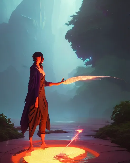 Image similar to highly detailed vfx portrait of a mage casting a water spell, unreal engine, greg rutkowski, loish, rhads, beeple, makoto shinkai and lois van baarle, ilya kuvshinov, rossdraws, tom bagshaw, alphonse mucha, global illumination, detailed and intricate environment