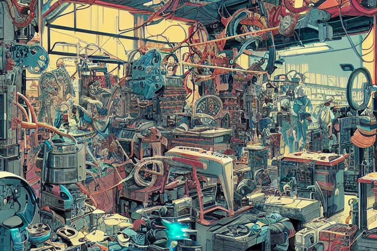 Image similar to an extremely cluttered machine repair shop in 2067, art by Josan Gonzales and Dan Hillier