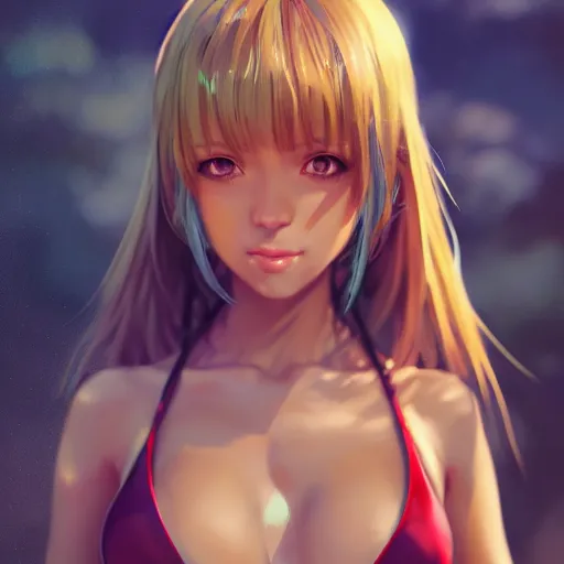 Image similar to portrait ofa pretty anime girl in a bikini au naturel, hyper detailed, digital art, trending in artstation, cinematic lighting, studio quality, smooth render, unreal engine 5 rendered, octane rendered, art style by klimt and nixeu and ian sprigger and wlop and krenz cushart.