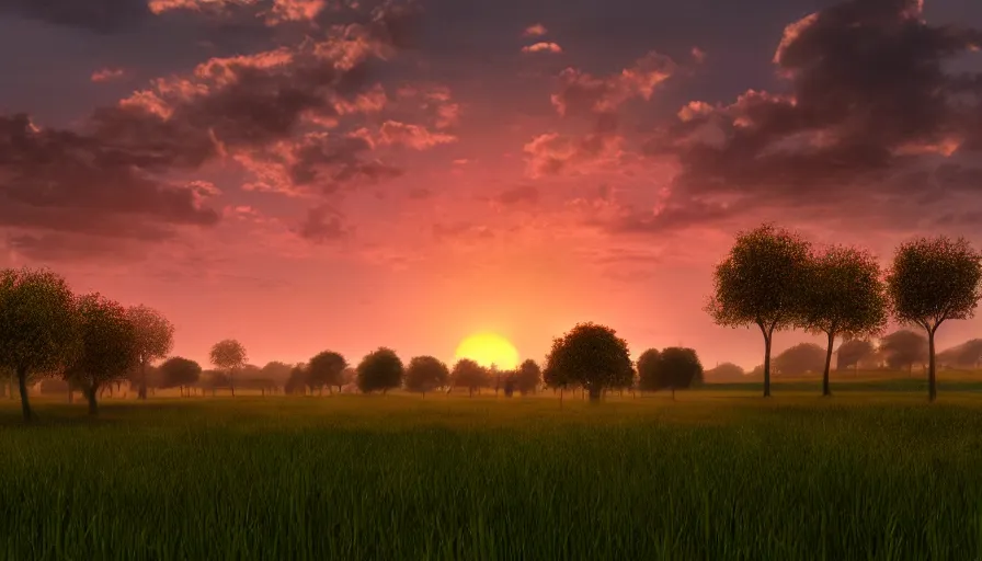 Image similar to cow pasture with fruit trees in sunset, back light, highly detailed, cinematic lighting, volumetric, photorealistic, digital art painting