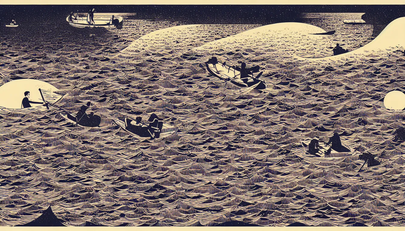 Image similar to raft in the lake by woodblock print, nicolas delort, moebius, victo ngai, josan gonzalez, kilian eng