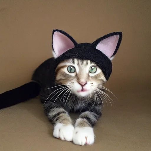 Image similar to kitten photo, wearing wool hat, tongue mlem, cat ears