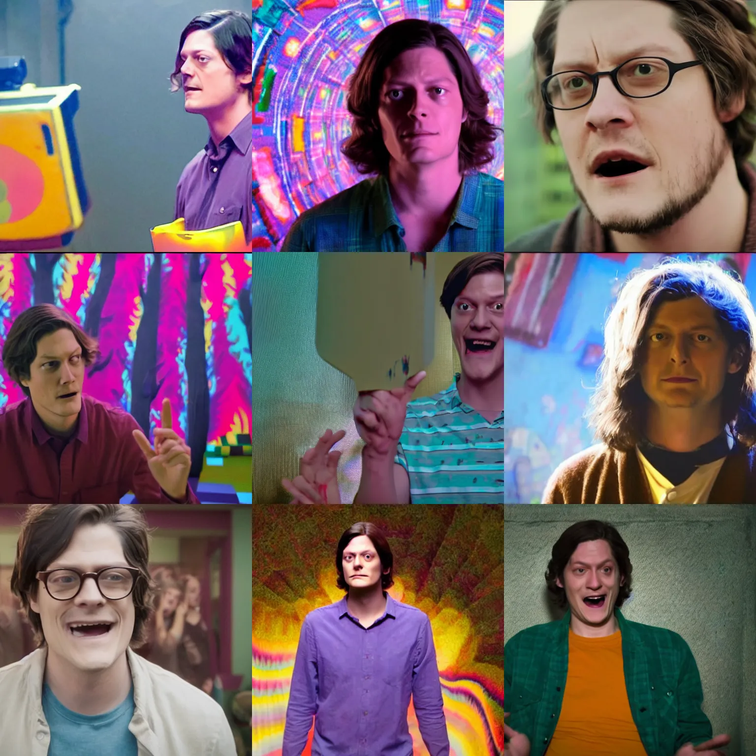 Prompt: Trevor Moore from The Story of Our Times having a psychodelic trip, television show screencap
