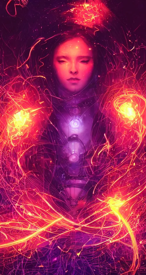 Image similar to she dreams of arcs of purple flame intertwined with glowing sparks, glinting particles of ice, dramatic lighting, steampunk, bright neon, secret holographic cyphers, red flowers, solar flares, high contrast, smooth, sharp focus, intricate art by artgerm and greg rutkowski and ruan jia