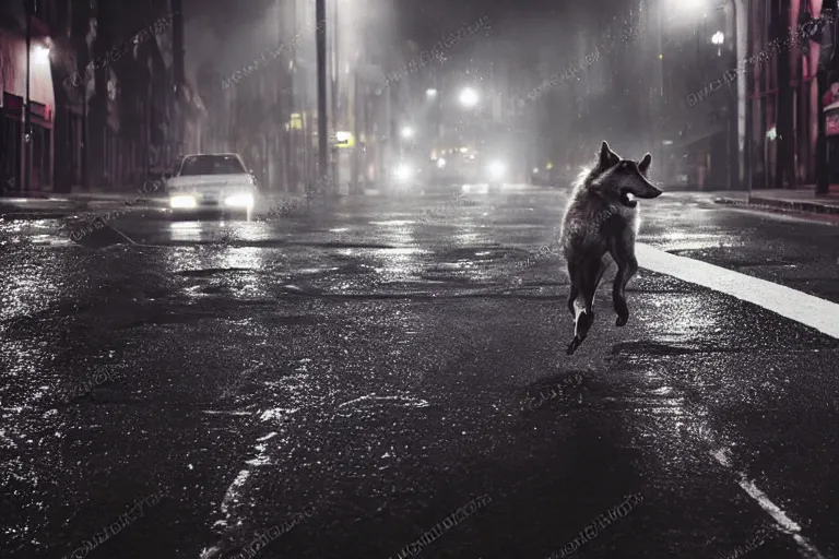 Image similar to an anthropomorphic male wolf running in the streets, night, rain, cinematic, photograph, volumetric lighting, f 8 aperture, cinematic eastman 5 3 8 4 film, photorealistic