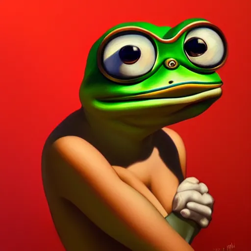 Prompt: portrait of the real life Pepe the Frog, expressive pose, futuristic, highly detailed, digital painting, artstation, concept art, smooth, sharp focus, dramatic light, studio light, by gil elvgren