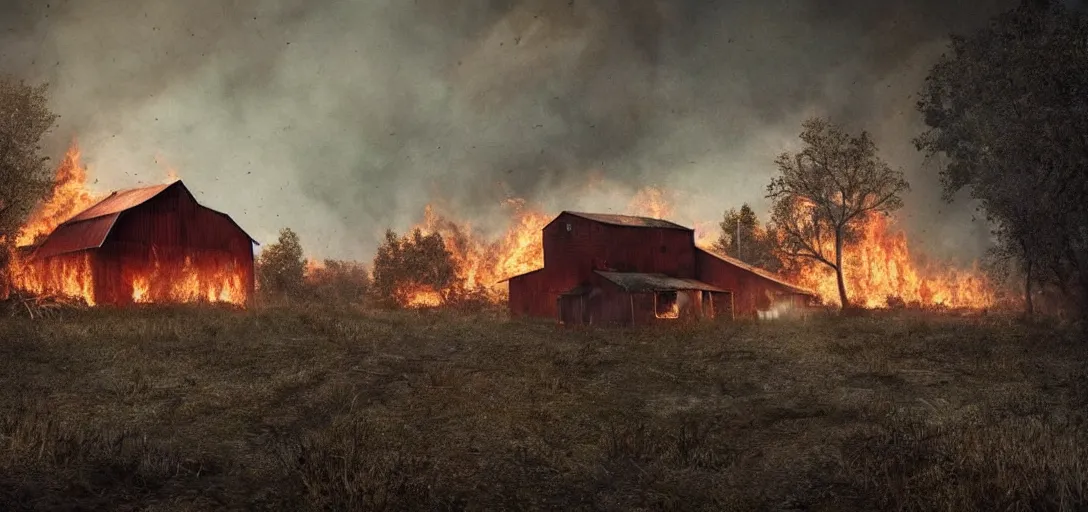 Prompt: full portrait of a desolate farm::forest behind the barn is on fire:: inferno, smoke, flames, dark, gloomy, horror, screaming:: insanely detailed, photorealistic:: cinematic, dramatic lighting,