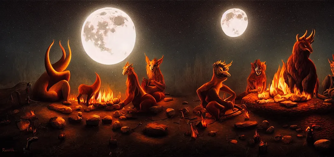 Image similar to strange mythical beasts of sitting around a fire under a full moon, surreal dark uncanny painting by ronny khalil