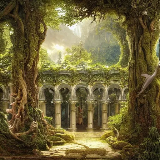 Image similar to a beautiful and highly detailed matte painting of a elven temple in a magical fantasy garden in a lush forest, elk, deer, intricate details, epic scale, insanely complex, 8 k, sharp focus, hyperrealism, very realistic, by caspar friedrich, albert bierstadt, james gurney, brian froud,