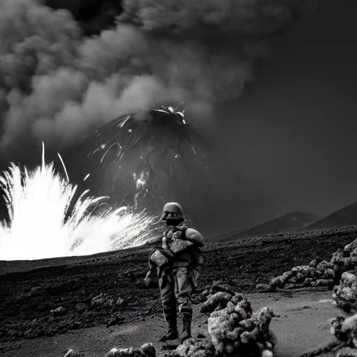 Prompt: A heavy-armored soldier standing infront of an erupting volcano, black and white, professional photography, eerie, cinematic