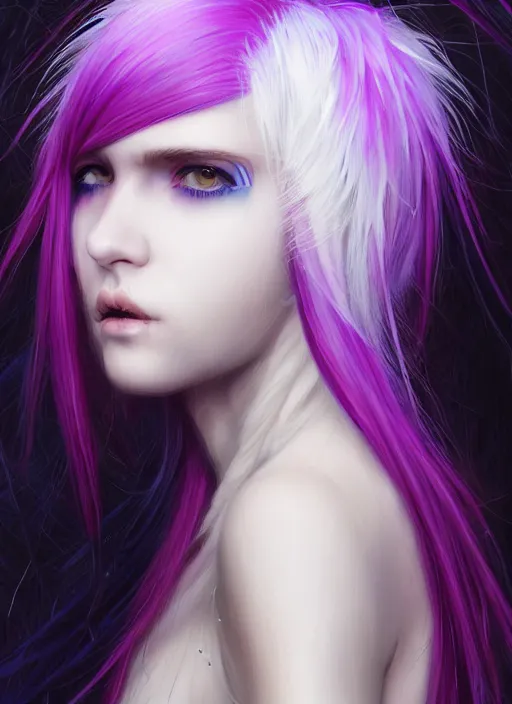 Image similar to hair whitebangs hair, black cyberlox, portrait of normal teenage girl, white bangs, messy bangs, fluffy bangs, cyberlox, whitebangs, red irises, purple background, intricate, elegant, highly detailed, digital painting, artstation, concept art, sharp focus, smooth, illustration, art by wlop, mars ravelo and greg rutkowski