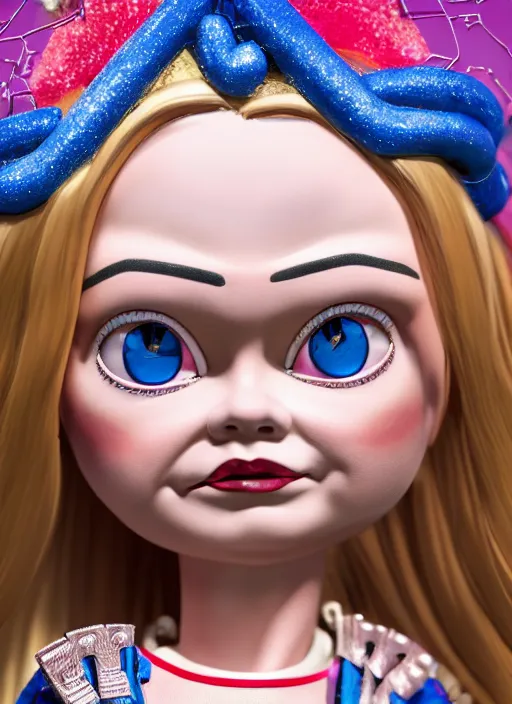 Prompt: closeup face profile portrait of a tin toy greta thunberg as the bride of chucky as a fairytale princess wearing a crown, bikini, depth of field, zeiss lens, detailed, fashion photoshoot, by nicoletta ceccoli, mark ryden, lostfish, breathtaking, 8 k resolution, extremely detailed, beautiful, establishing shot, artistic, hyperrealistic, octane render