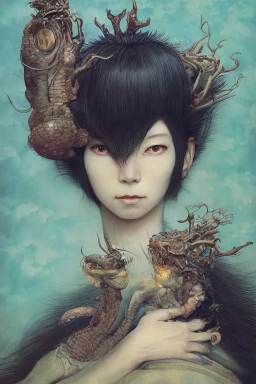 Image similar to a portrait of a japanese strange animal illustrated by miyazaki by karol bak, james jean, tom bagshaw, rococo, sharp focus, trending on artstation, cinematic lighting, hyper realism, octane render, 8 k, hyper detailed, vivid, ultra detailed, highly detailed