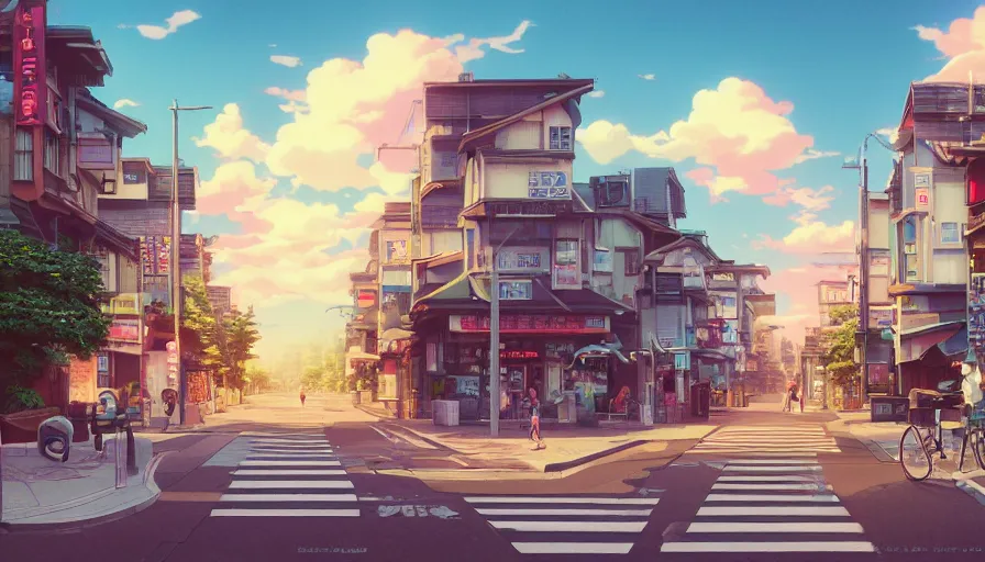 Prompt: A highly detailed matte painting of a suburban tokyo street with a bright shimmering sky by Studio Ghibli, Mokoto Shinkai, by Artgerm, by beeple, volumetric lighting, octane render, 4K resolution, trending on artstation, vivid colours