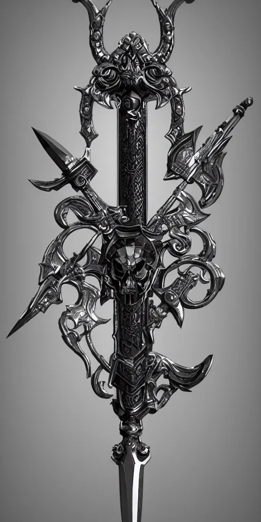 Image similar to a black and silver sword skull crest, ornament, weapon, a 3 d render by dom qwek, front side, concept art, trending on polycount, artstation, hard surface modeling, rendered in maya, zbrush, hd, vray, blizzard concept, symmetry