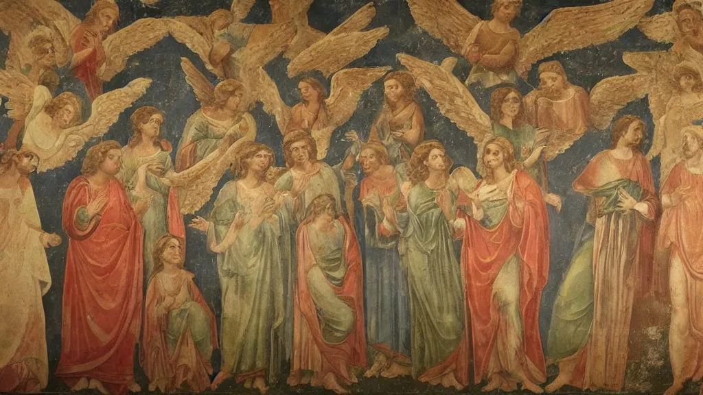 Prompt: people worshiping an angel. fresco art