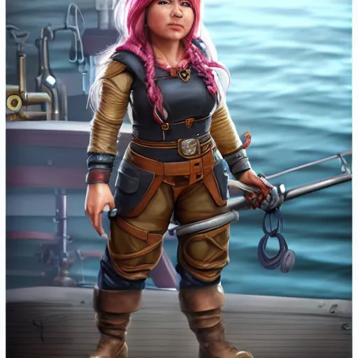 Image similar to extremely realistic portrait of a real life female gnome mechanic artificer character, one prosthetic arm metallic gauntlet, standing on a boat with naval background, trending on artstation, heroic pose, highly detailed, 8k