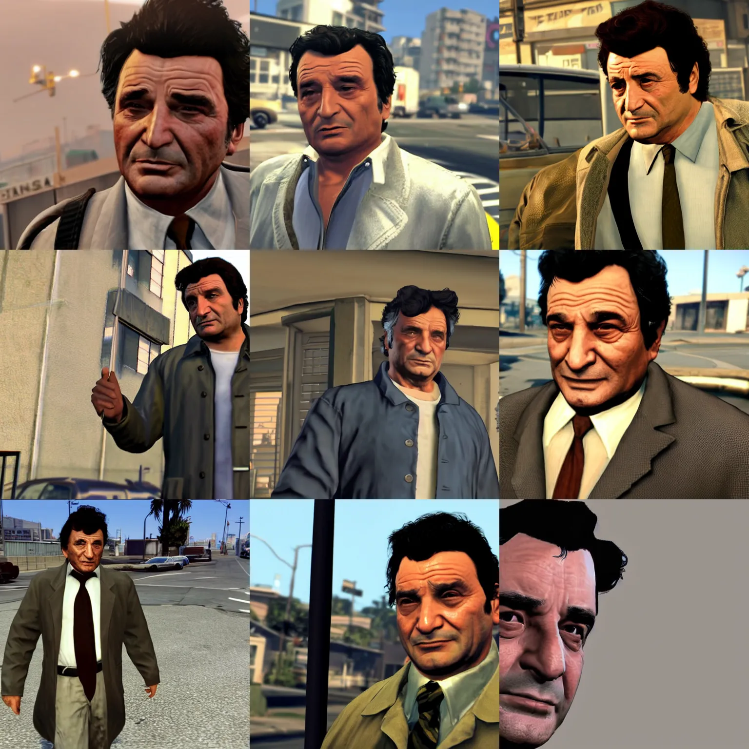 Prompt: police detective columbo ( played by young peter falk ) in his messy trenchcoat, smirking, as the protagonist of gta 5, screenshot