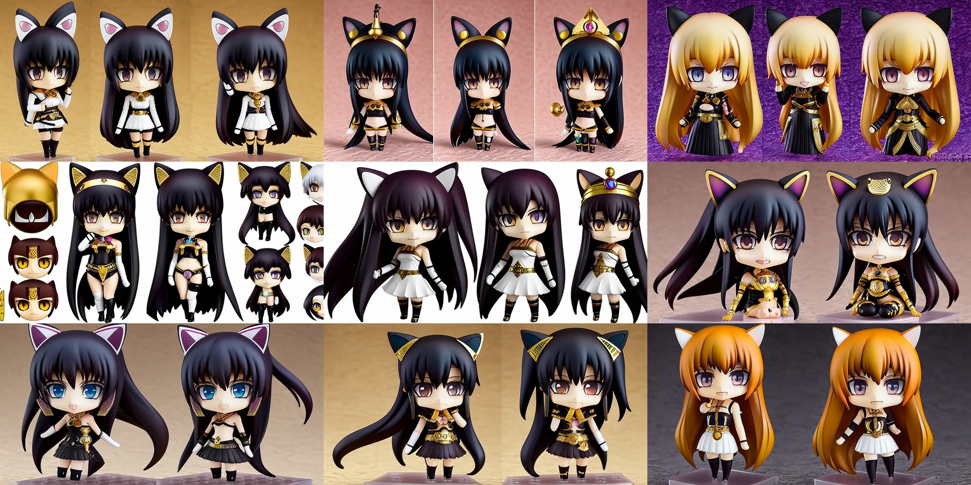 Prompt: nendoroid eyes kawaii chibi female cat pharao, darklong hair, egyptian crown, stained glass, style of maple story, detailed, custom