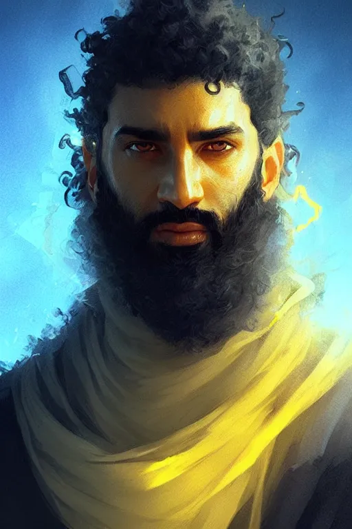 Image similar to Arab man light beard, curly hair, swordsman, modern, hero, yellow and charcoal leather, glowing blue eyes!! highly detailed, digital painting, artstation, concept art, sharp focus, illustration, by greg rutkowski