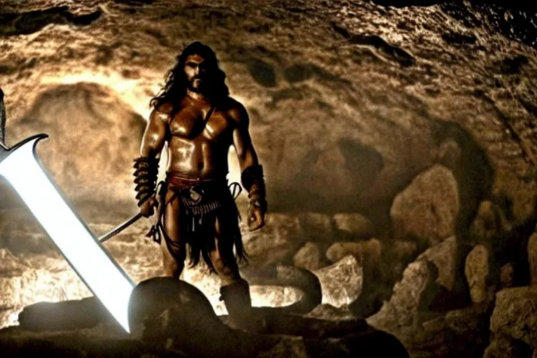 Image similar to film still from conan the barbarian, jason momoa as conan holding a giant sword with both hands above his head, in the catacombs of evil, fantasy armor, volumetric lighting, mist, wet skin and windblown hair, muscular!!!, heroic masculine pose, ridley scott