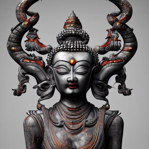 Image similar to naraka Buddhist demon korean female, highly detailed, symmetrical long head, smooth marble surfaces, detailed ink illustration, raiden metal gear, cinematic smooth stone, deep aesthetic, concept art, post process, 4k, carved marble texture and silk cloth, latex skin, highly ornate intricate details, in the style of 88grzes