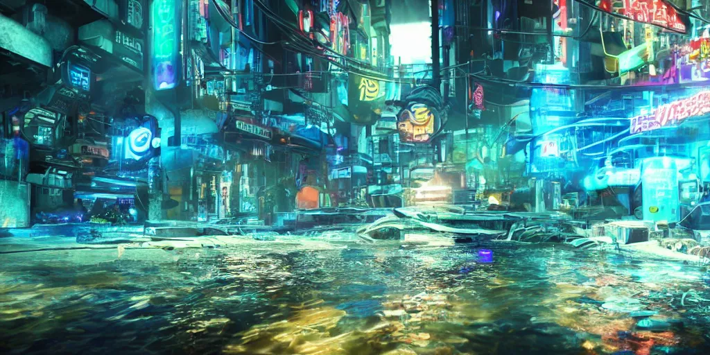 Image similar to Cybernetic fish jumping out of a river of fluorescent blue battery acid in a cyberpunk city, ultra-realistic, dramatic lighting, HDR, 8K resolution