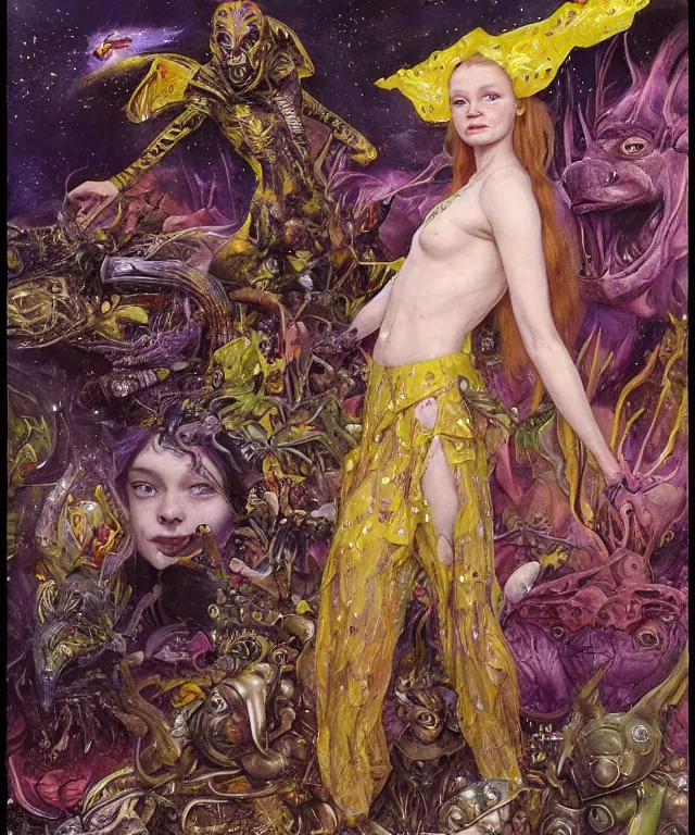 Prompt: a portrait photograph of sadie sink as an alien super villian with shiny colorful skin and yellow eyes. she is trying on a bulbous shiny organic dress and being transformed into an animal by magic. by donato giancola, hans holbein, walton ford, gaston bussiere, peter mohrbacher and brian froud. 8 k, cgsociety, fashion editorial