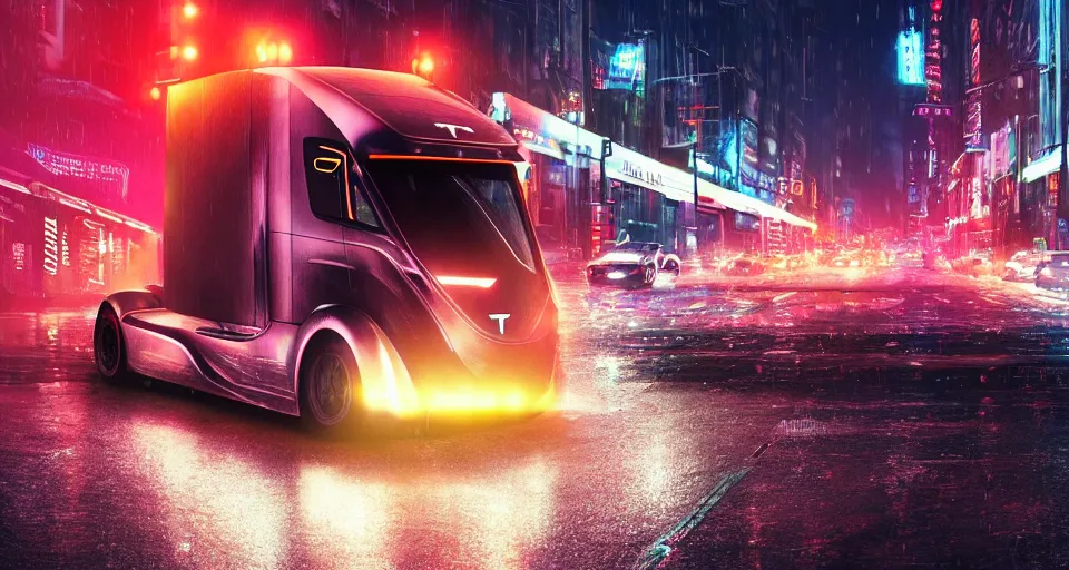 Image similar to a 2 8 mm closeup photo of a tesla tron cybertruck driving a on wet city street with lots of traffic at night, intricate, speed, action, need for speed, hyper detailed, smooth, high contrast, neon, volumetric lighting, octane, moebius, greg rutkowski, blade runner, ripley scott, synthwave, mad max, cinematic