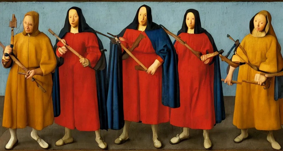 Image similar to a painting of 3 superhero nuns holding nunchucks, medieval painting by Jan van Eyck, Johannes Vermeer